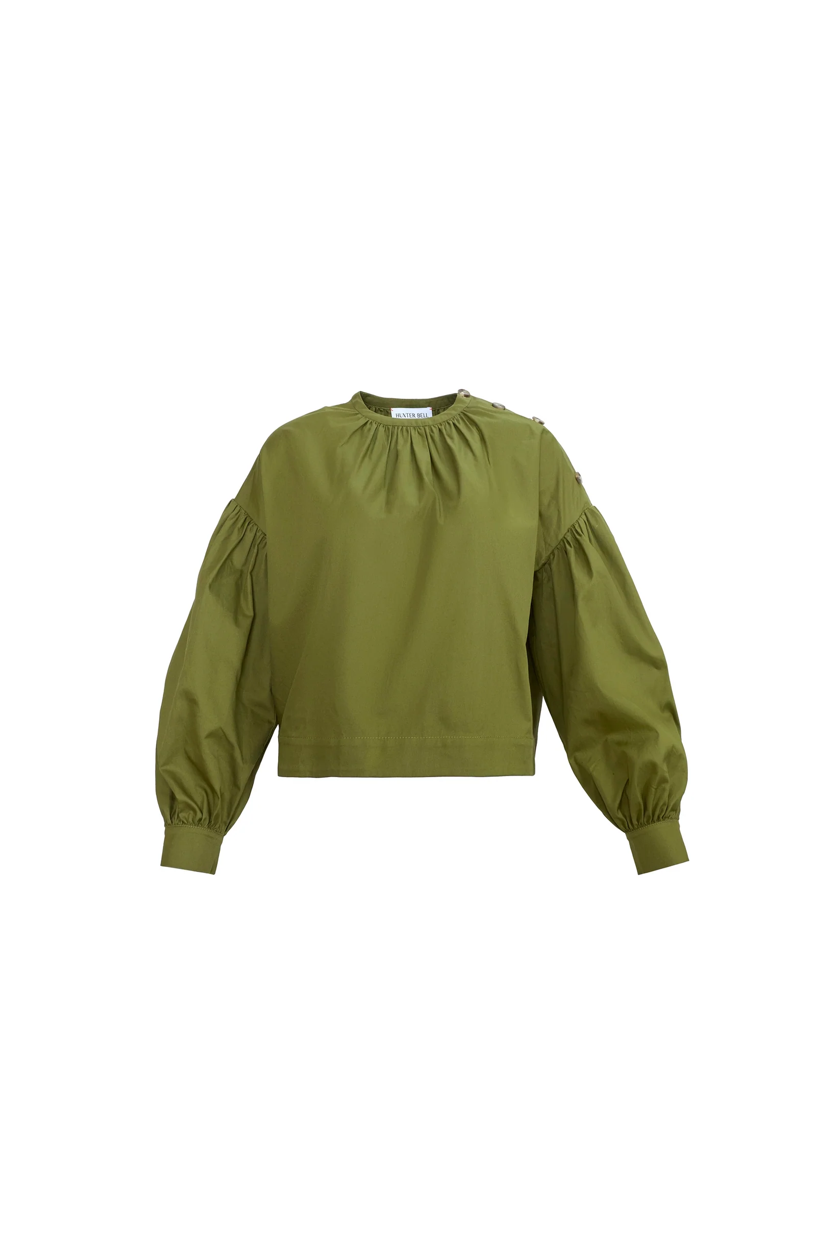 Olive green Eli Top with puffed sleeves and gathered neckline, relaxed fit by Hunter Bell NYC.