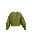 Olive green Eli Top with puffed sleeves and gathered neckline, relaxed fit by Hunter Bell NYC.
