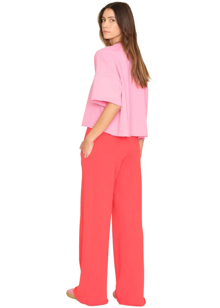 A woman with long brown hair and a neutral expression stands against a white background, wearing the Xirena Emmette Sweatpant—an ultra-soft fleece wide leg style—paired with a loose-fitting pink top.