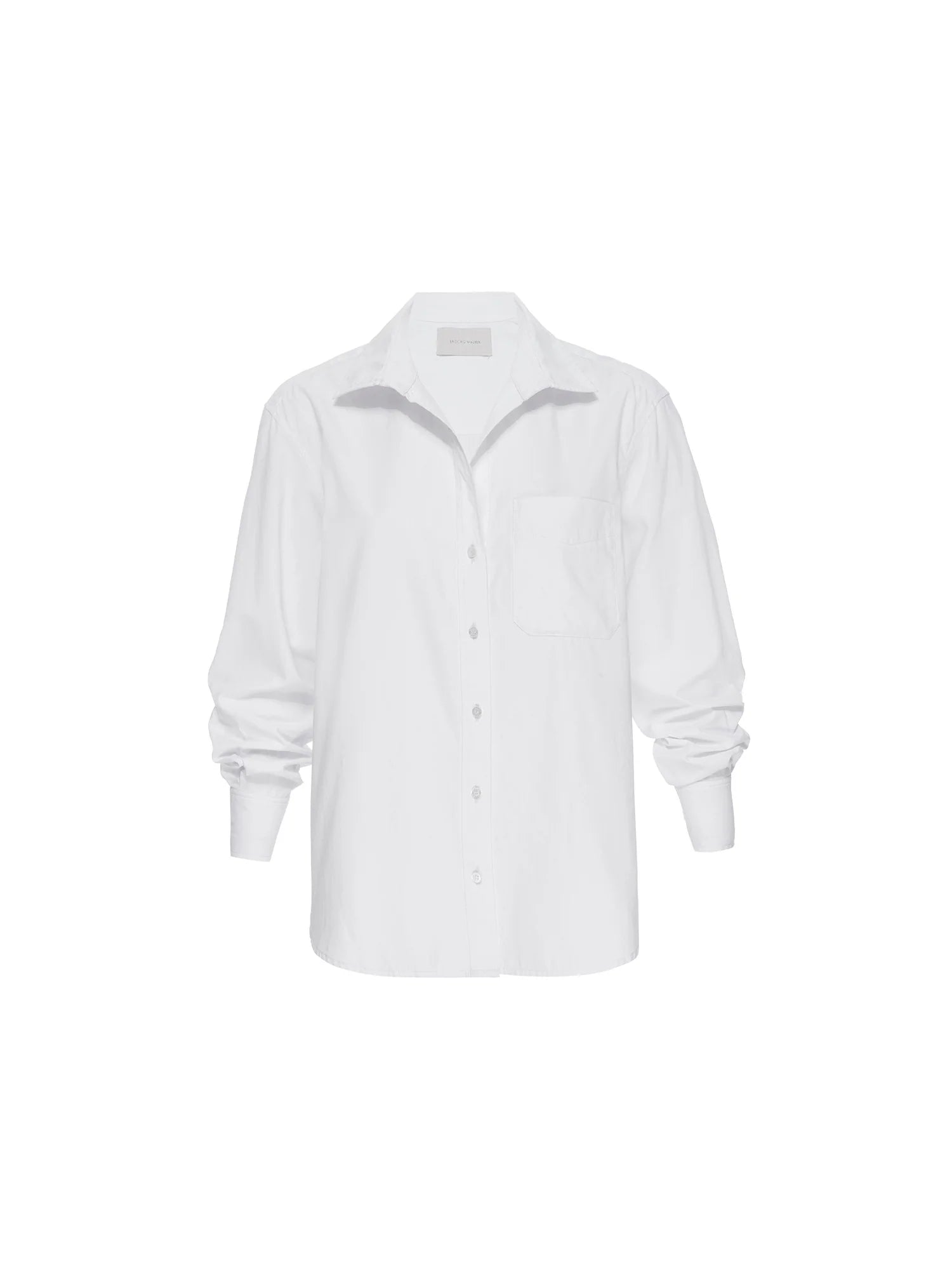 The BROCHU WALKER EVERYDAY SHIRT is a plain white, relaxed fit shirt with a classic collar, front chest pocket, and slightly loose silhouette, shown on a white background for timeless versatility.