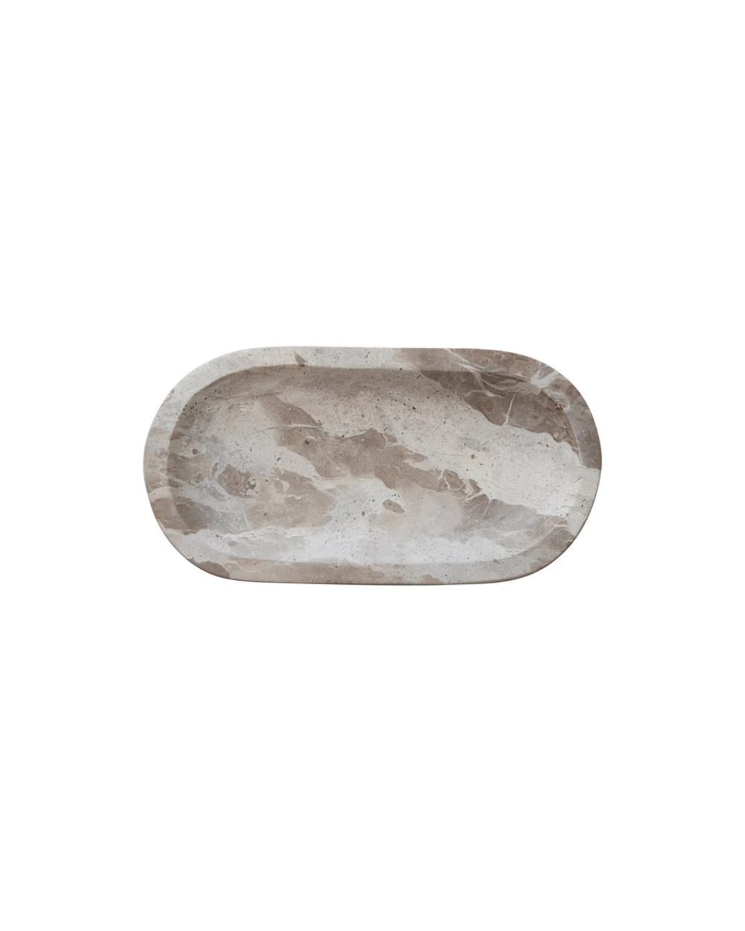 Creative Co-op's Marble Dish features a natural pattern of beige and brown swirls on buff-colored marble with rounded edges, measuring 9-3/4"L x 5"W.