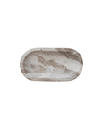 Creative Co-op's Marble Dish features a natural pattern of beige and brown swirls on buff-colored marble with rounded edges, measuring 9-3/4"L x 5"W.