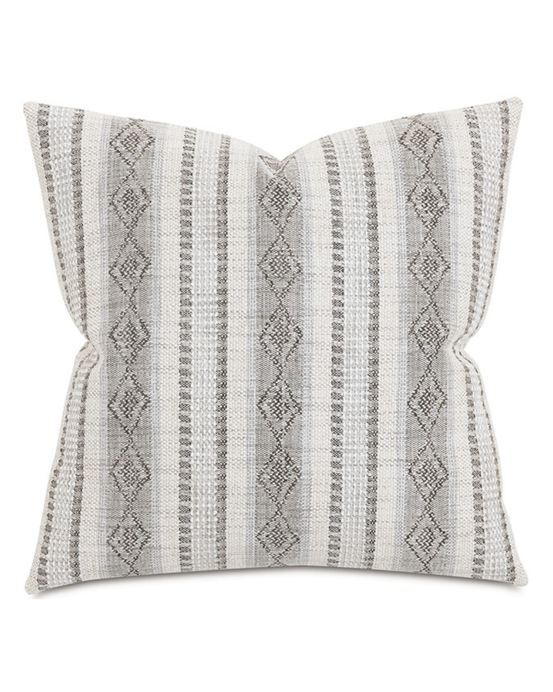 A decorative throw pillow with a patterned design of vertical gray and white stripes, featuring rows of intricate, diamond-shaped motifs. The pillow has a textured fabric, giving it an elegant and modern look. Opt for the Eastern Accents DIAMOND EURO SHAM 27x27 to enhance its plush feel.