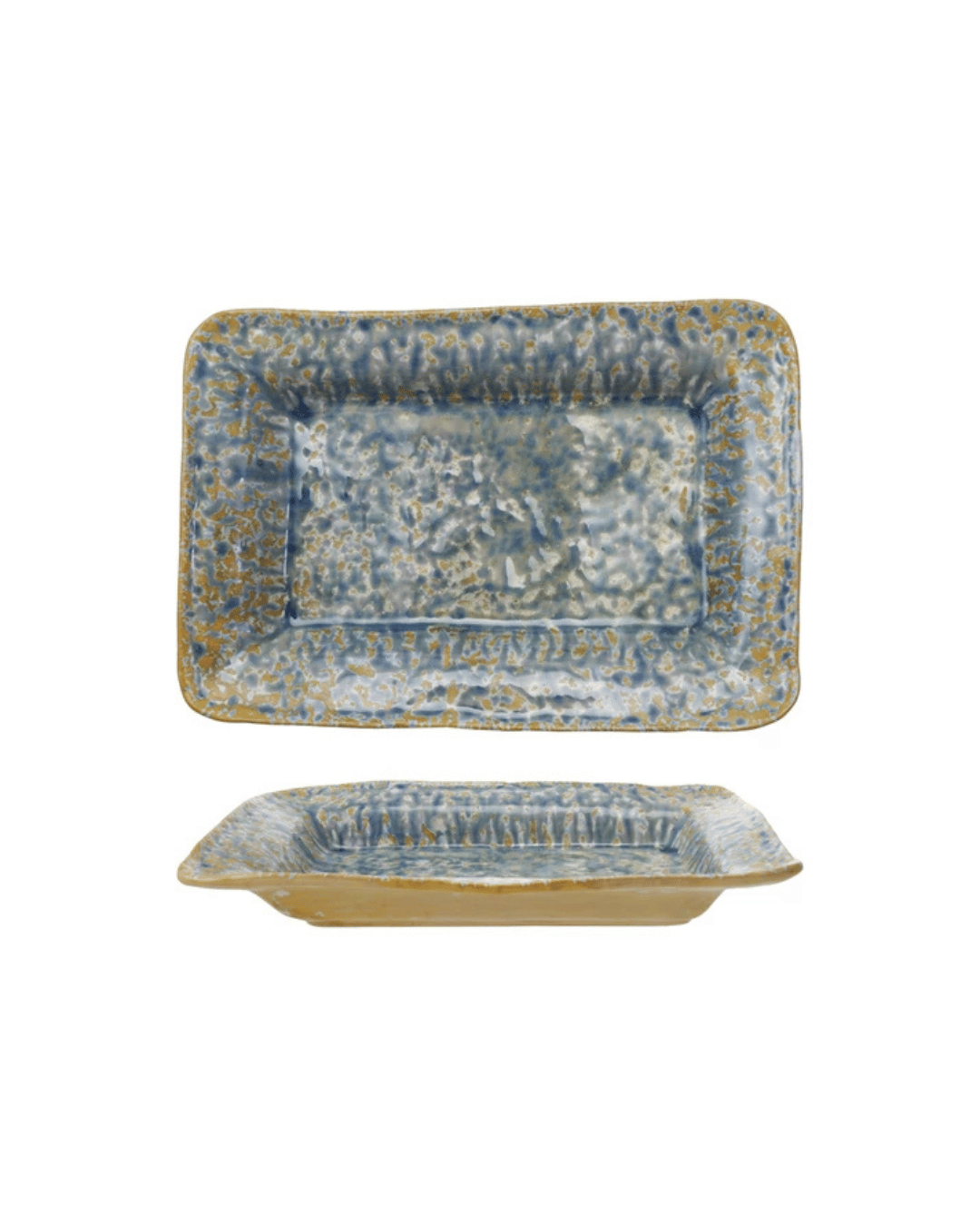 The Creative Co-op Stoneware Serving Dish set features two rectangular dishes with a textured surface and reactive crackle glaze in blue and gold. Shown stacked from top and side views, these elegant dishes add rustic charm to any table setting.