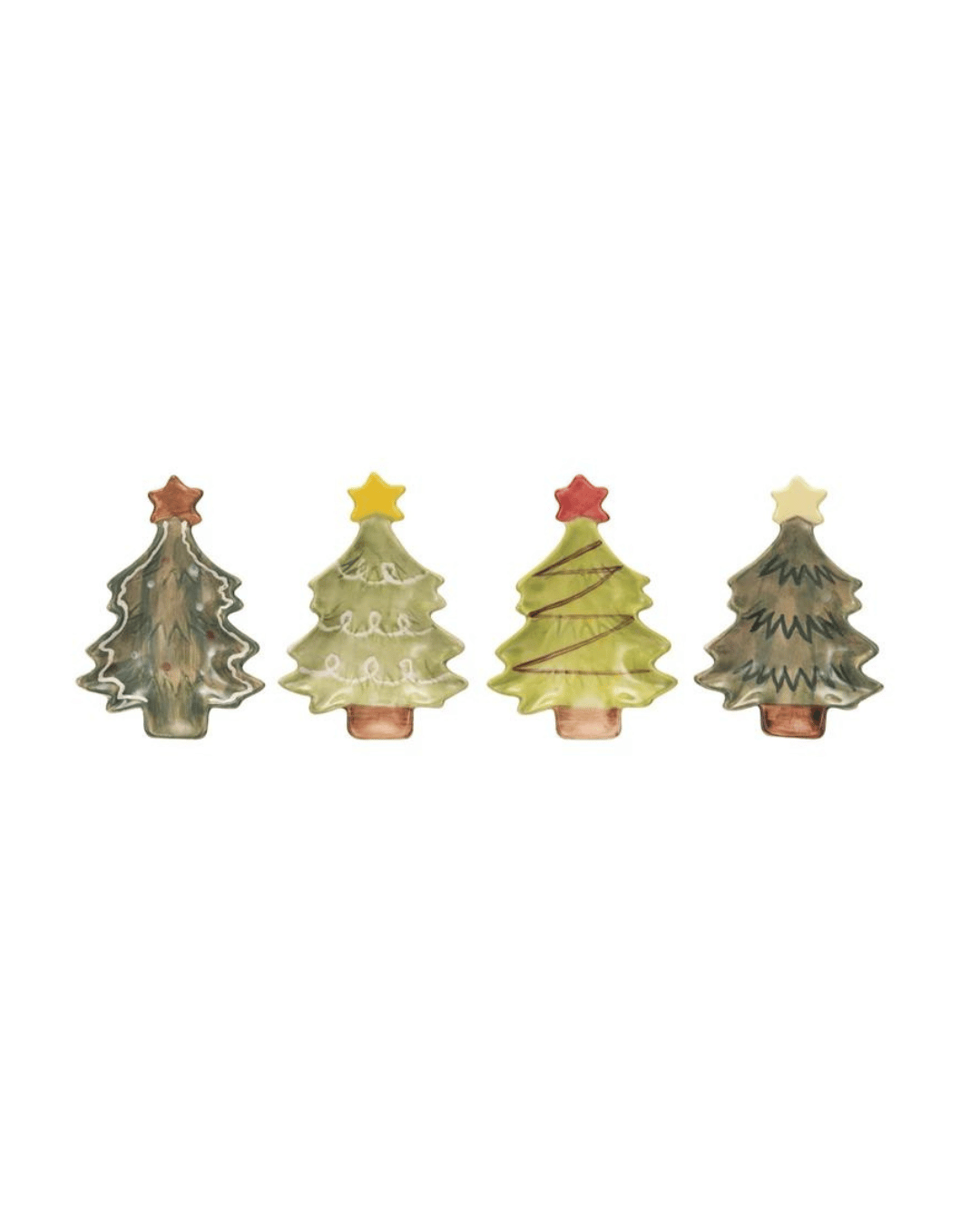 Four hand-painted stoneware Christmas Tree Dishes with Stars from Creative Co-op, each featuring unique designs and varying shades of green: the first adorned with dark green and brown hues, the second showcasing a yellow star and white swirls, the third decorated with a red string-like pattern, and the fourth highlighted by a red star.