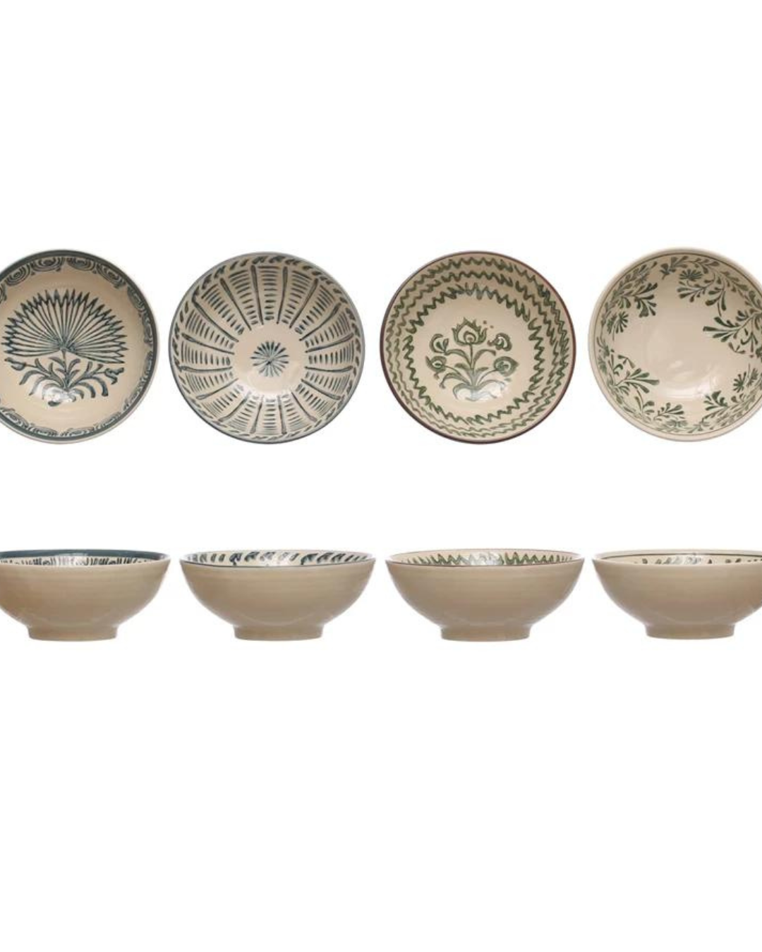 The Creative Co-op Hand Painted Stone Bowl set consists of eight intricately designed stoneware bowls, arranged in two rows of four. The top row displays the interiors adorned with an assortment of green and cream floral motifs and geometric patterns. The bottom row features the exterior sides, emphasizing their shallow, round shapes complemented by subtle multi-color designs.