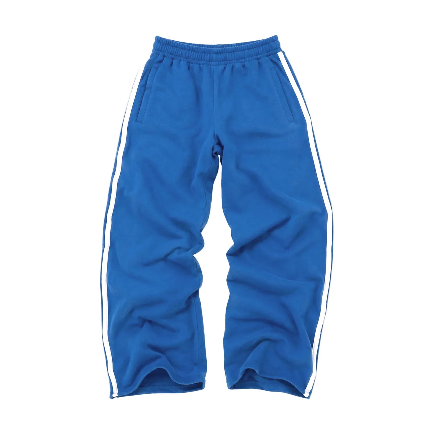 Navy fleece palazzo pants with sporty stripes, elastic waist, and side pockets by Kerri Rosenthal.