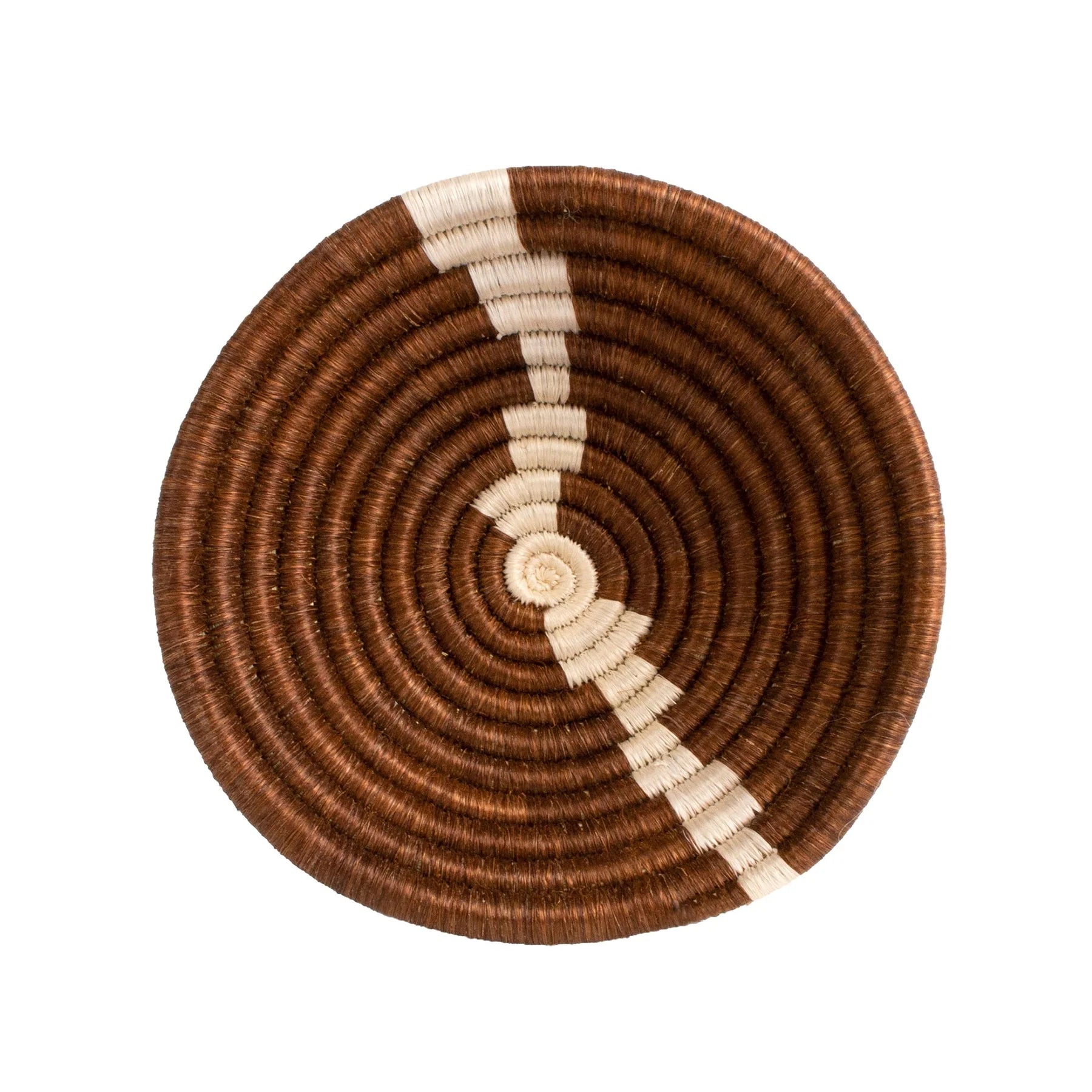 A top view of a Woven Bowl 6&quot; from Kazi Goods, with a spiral design in natural and white colors, isolated on a white background, reminiscent of Scottsdale Arizona craftsmanship.