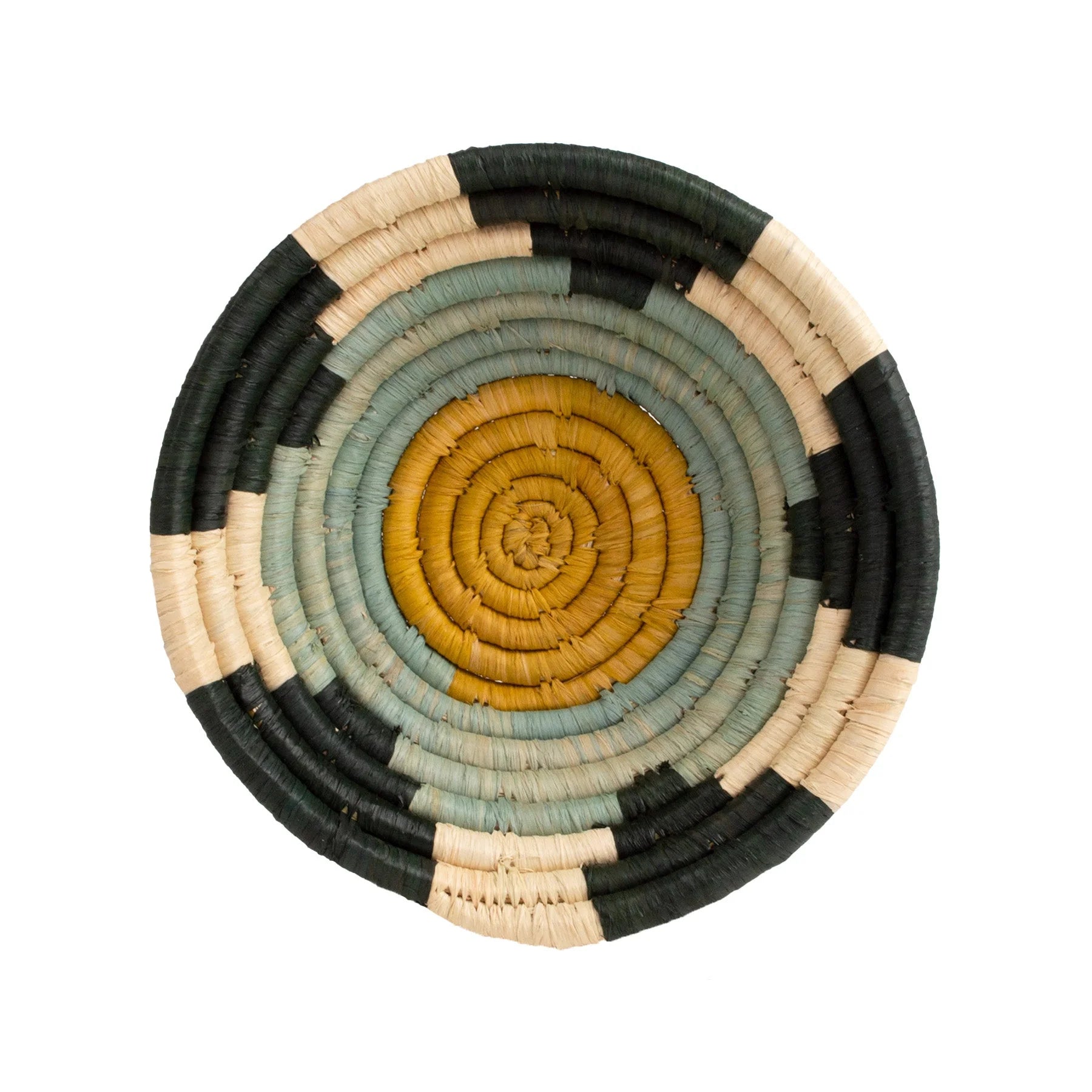 A circular, flat Woven Bowl 6&quot; by Kazi Goods featuring a concentric spiral pattern in natural, black, and pale green colors on a white background, perfect for any bungalow in Scottsdale, Arizona.