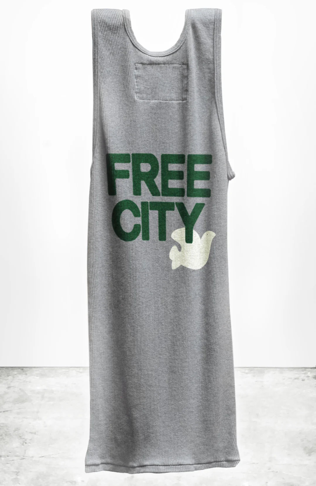 The FreeCity SuperVintage Tank by Free City (sparrow, LLC) is a gray unisex rib tank featuring bold green "FREE CITY" lettering and a white running animal graphic, handmade in Los Angeles, shown against a white background.