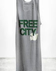 The FreeCity SuperVintage Tank by Free City (sparrow, LLC) is a gray unisex rib tank featuring bold green "FREE CITY" lettering and a white running animal graphic, handmade in Los Angeles, shown against a white background.