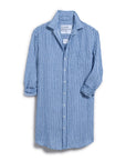 The MARY Shirtdress S25 by Frank & Eileen is a versatile blue and white vertically striped button-up with rolled long sleeves, a single chest pocket, classic collar, and button closure—an essential for your wardrobe.