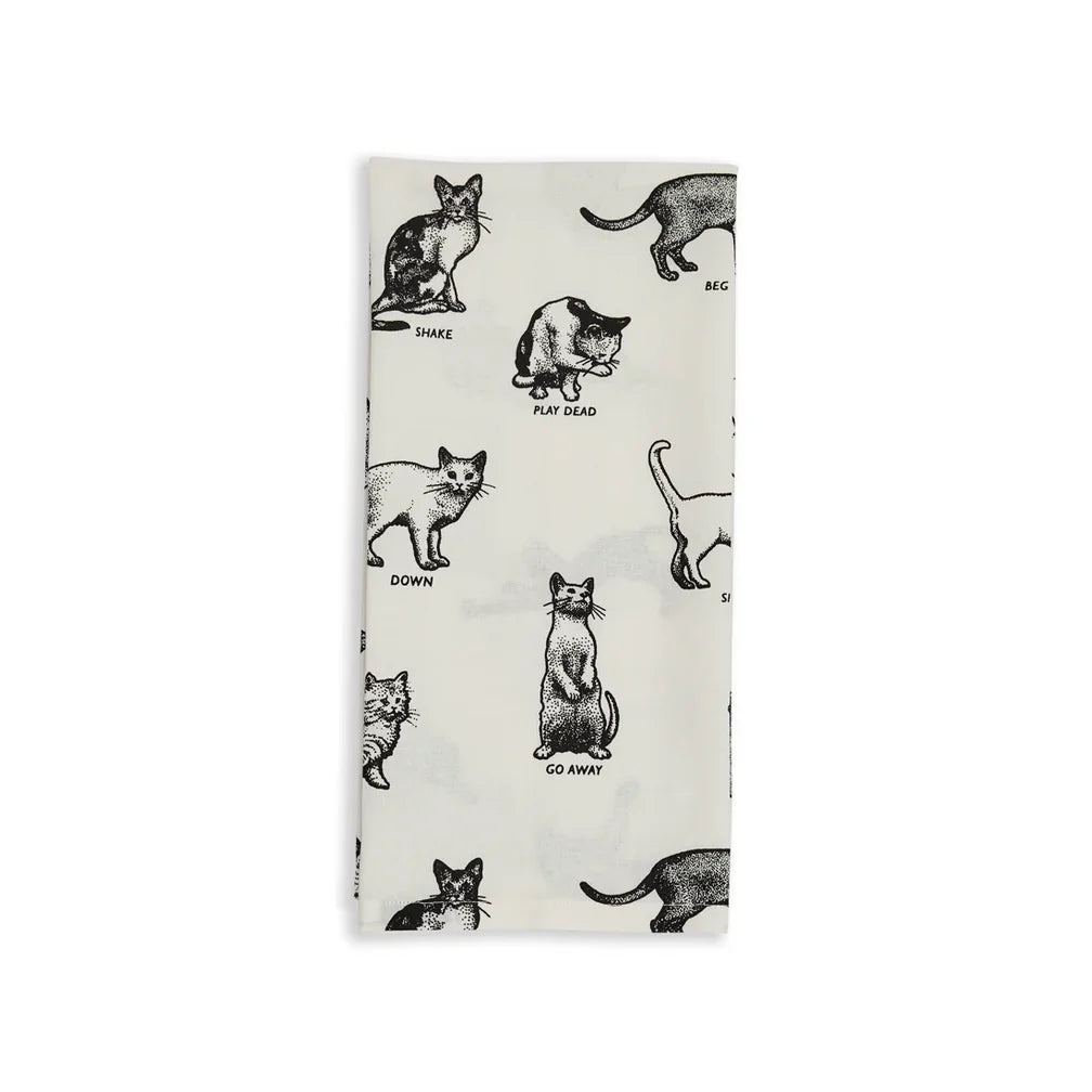 Black cat commands tea towel by Fishes Eddy, 20x28 inch cotton, whimsical kitchen accent, machine washable.