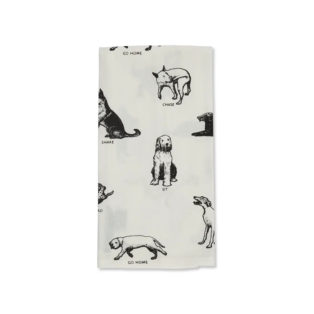 Cotton tea towel with black dog commands print, 20x28 inches, Fishes Eddy, machine washable for easy care.