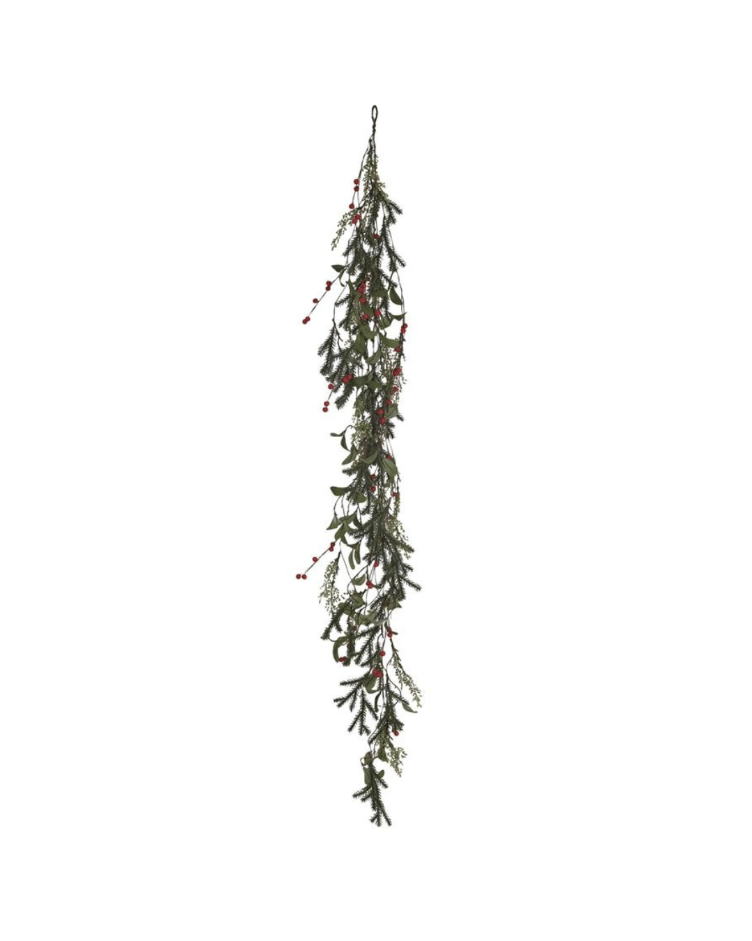 The Creative Co-op Faux Pine & Mistletoe Garland features green branches adorned with small red berries. This long and narrow garland, tapering at the ends, offers a natural and festive appearance ideal for holiday décor in any space.