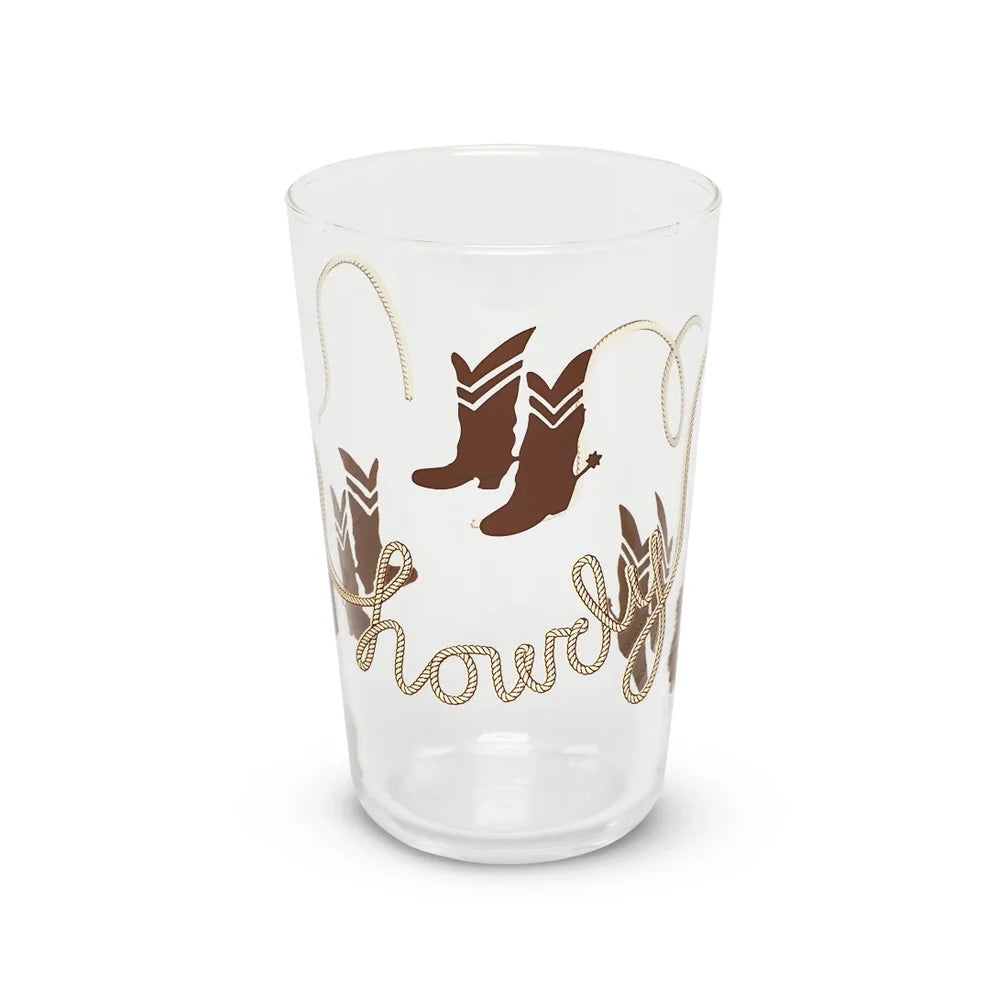 Clear glass tumbler with cowboy boots and rope design, Fishes Eddy Cowboy Boots Tumbler, dishwasher-safe soda lime glass.