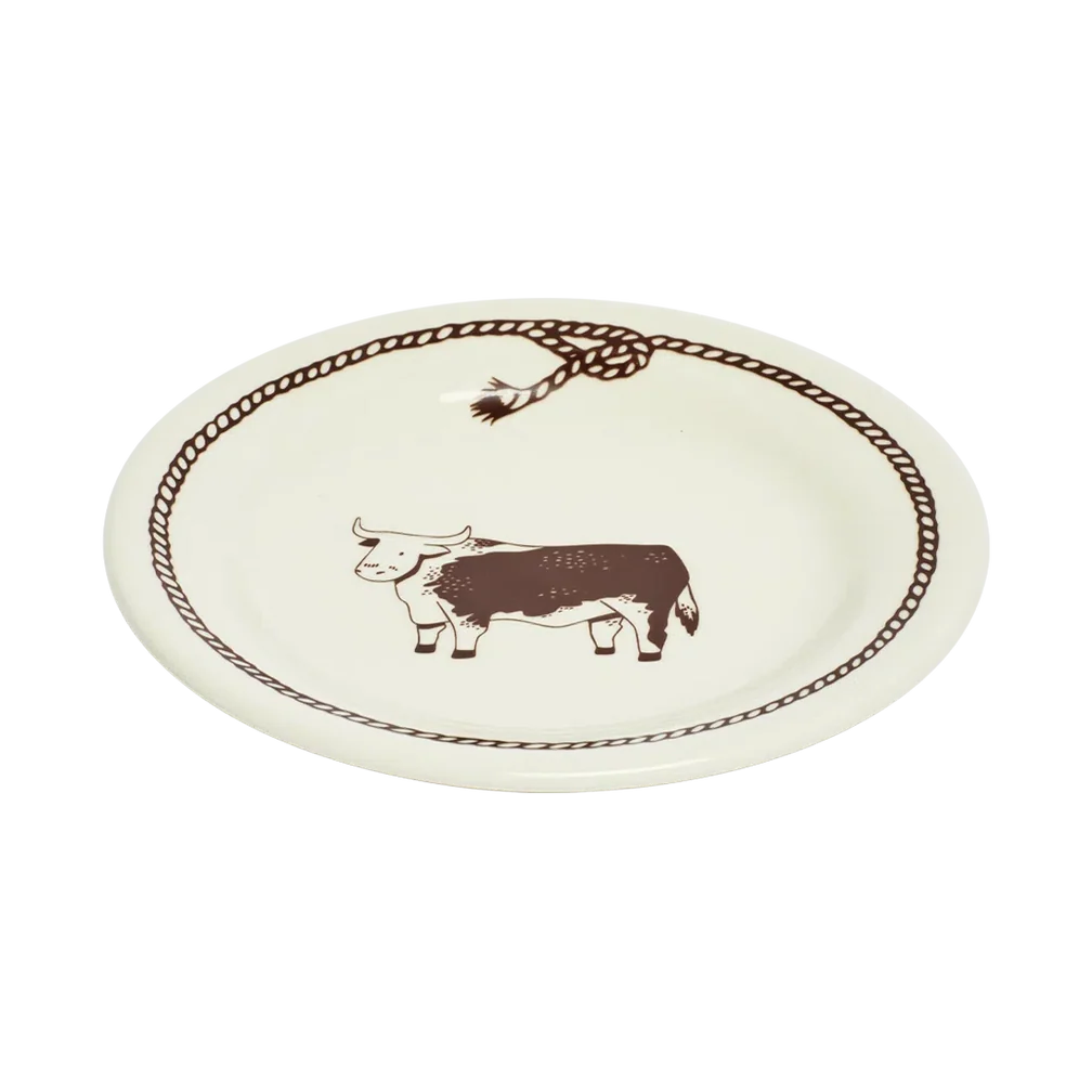 White stoneware plate with brown cow and rope design by Fishs Eddy, Bull Lasso Plate, microwave and dishwasher safe.