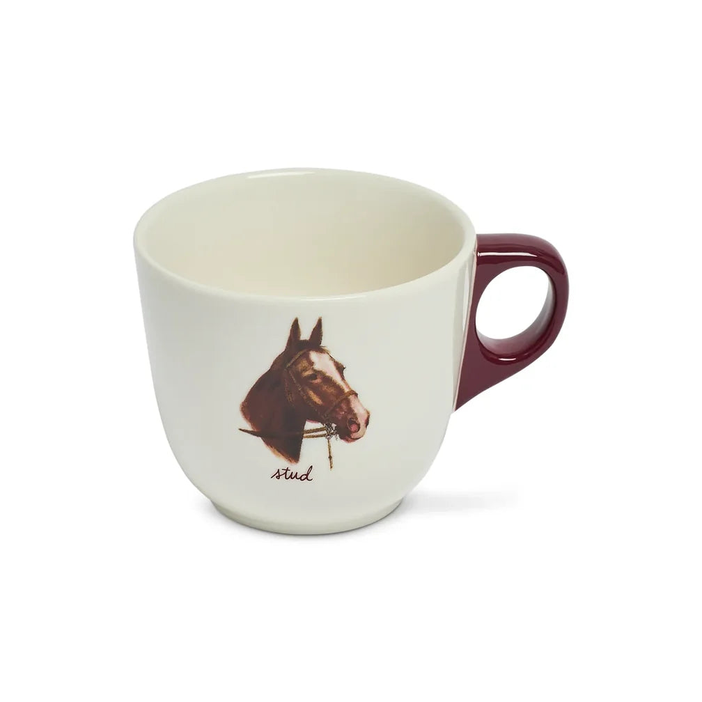 White mug with maroon handle, horse head graphic, and stud text by Fishes Eddy, dishwasher and microwave safe.
