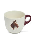 White mug with maroon handle, horse head graphic, and stud text by Fishes Eddy, dishwasher and microwave safe.