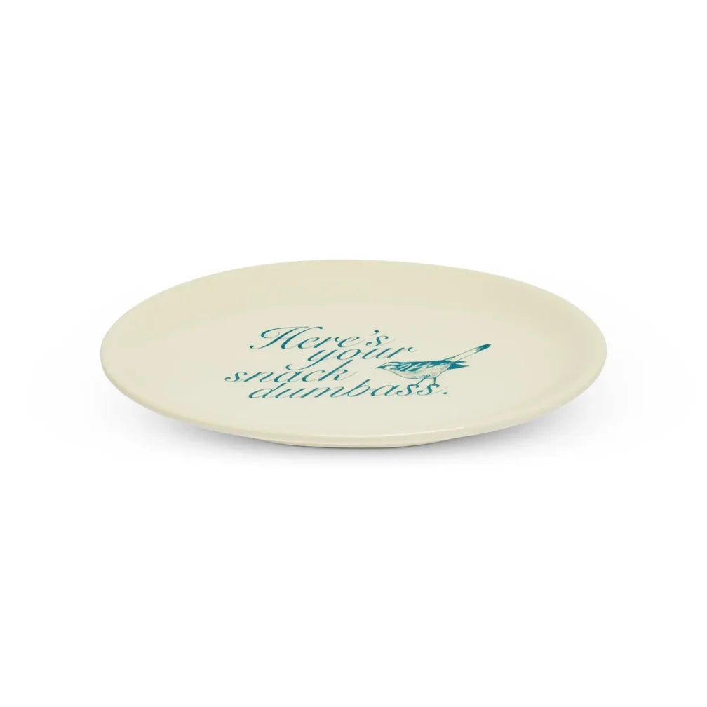 Stoneware snack tray with blue text and bird design by Fishes Eddy, microwave and dishwasher safe.