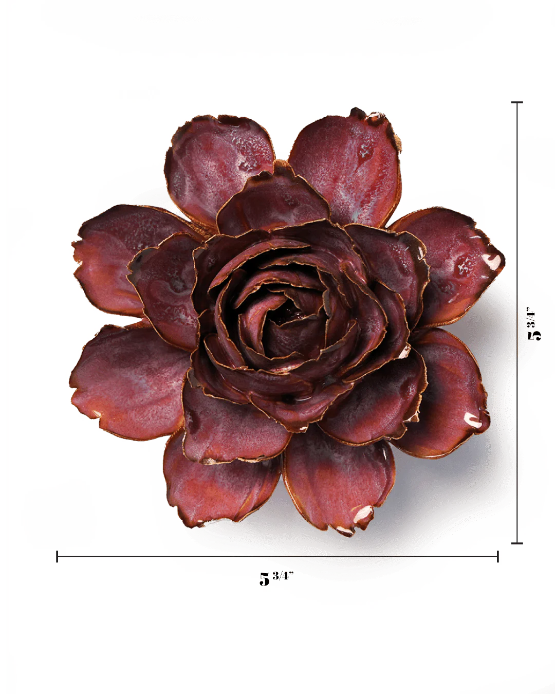 The Dewberry Camellia by Chive Ceramics features dark red, layered petals and is centered on a white background. Black measurement lines show this ceramic flower wall art measures 5 3/4 inches wide and tall—a bold statement for any room.