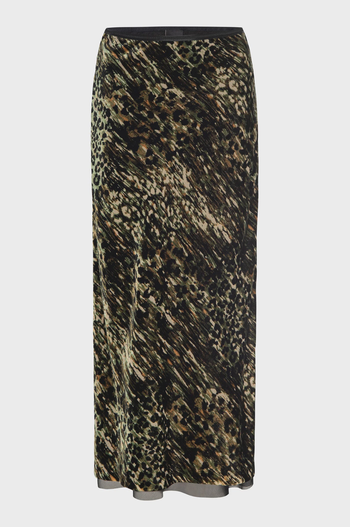 The Velvet Underground Skirt by Le Superbe is an ankle-length skirt with a straight, long design. It showcases a wild animal print pattern in varying shades of dark green, black, and brown. With a combination of cheetah-like spots and irregular streaks, it creates a dynamic and nature-inspired aesthetic.