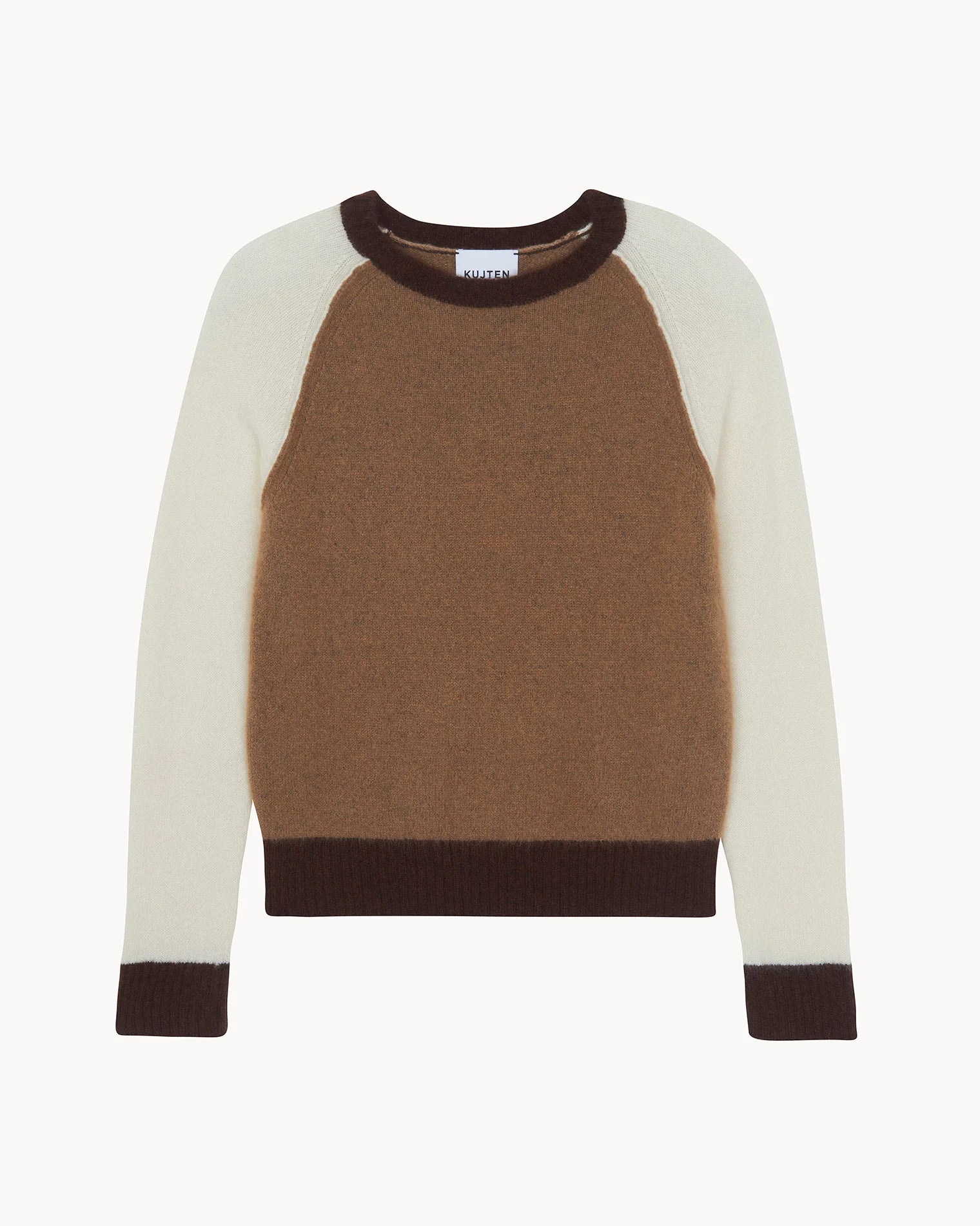 The Nimbus Sweater by BCS Group features a brown cashmere body, cream sleeves, and dark brown ribbed round neck, cuffs, and hem, shown against a plain white background.