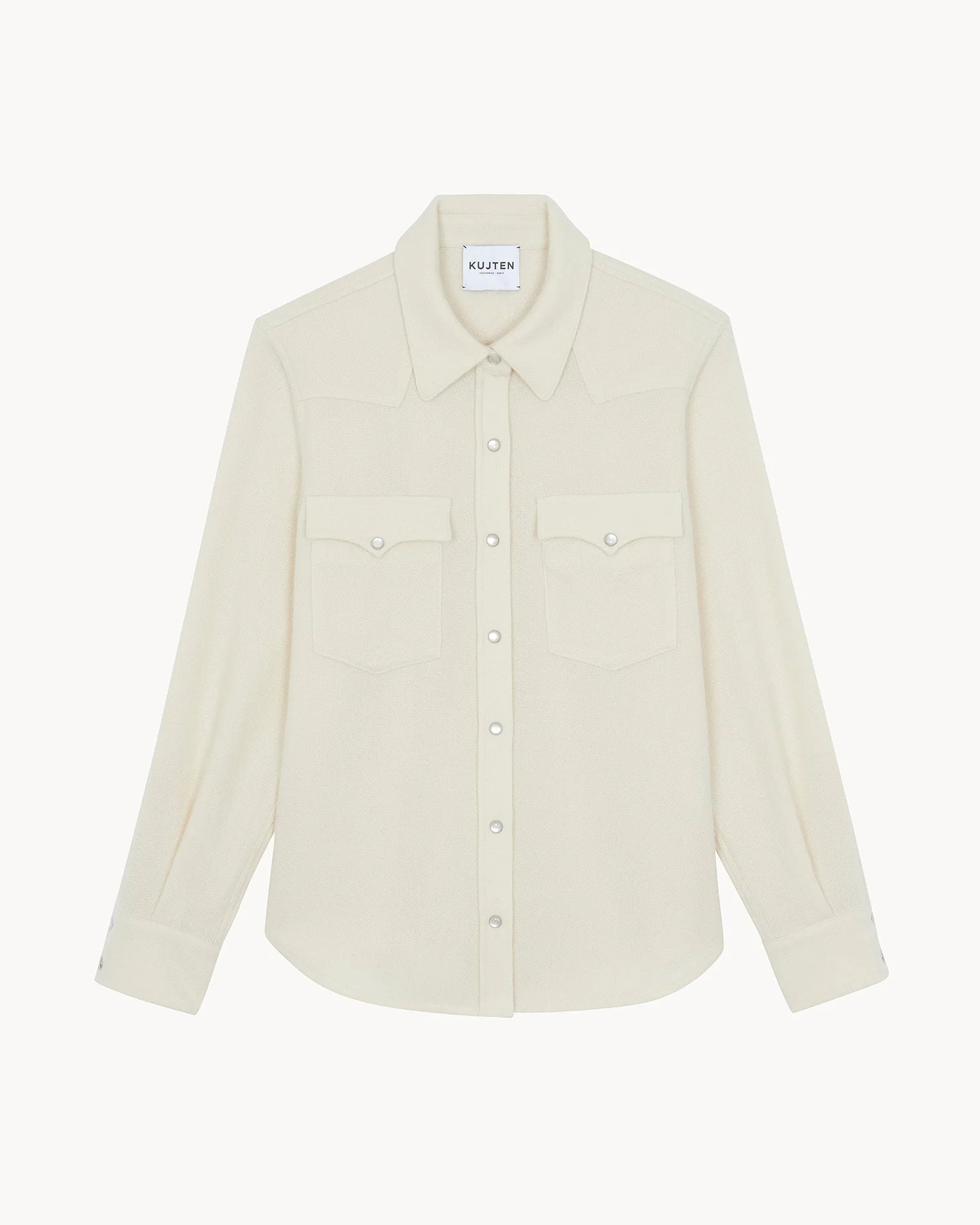 White cashmere long-sleeve button-up shirt with chest pockets by KUJTEN, true to size.