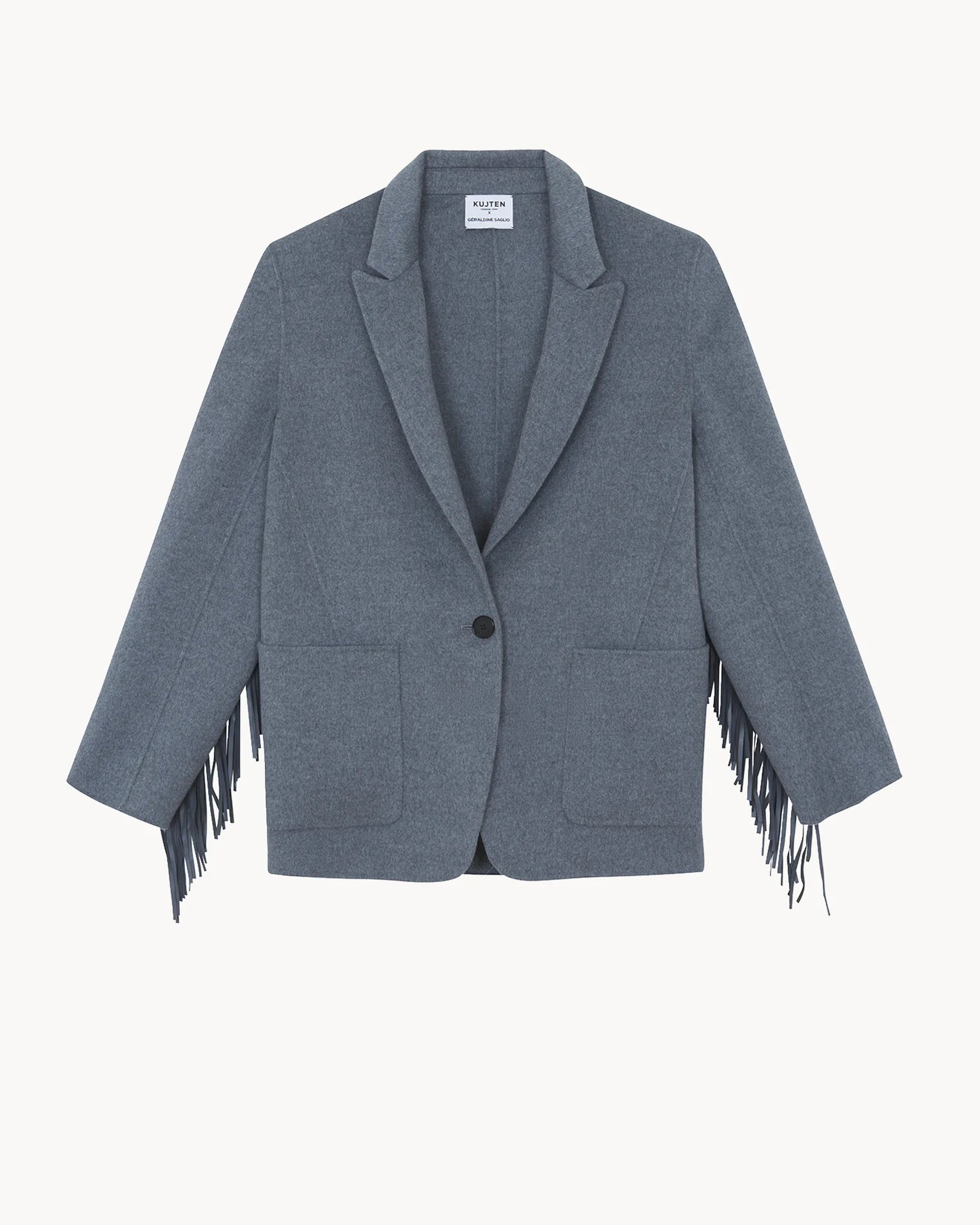 Gray flannel blazer with single button, two pockets, sleeve and side fringe by KUJTEN G3.