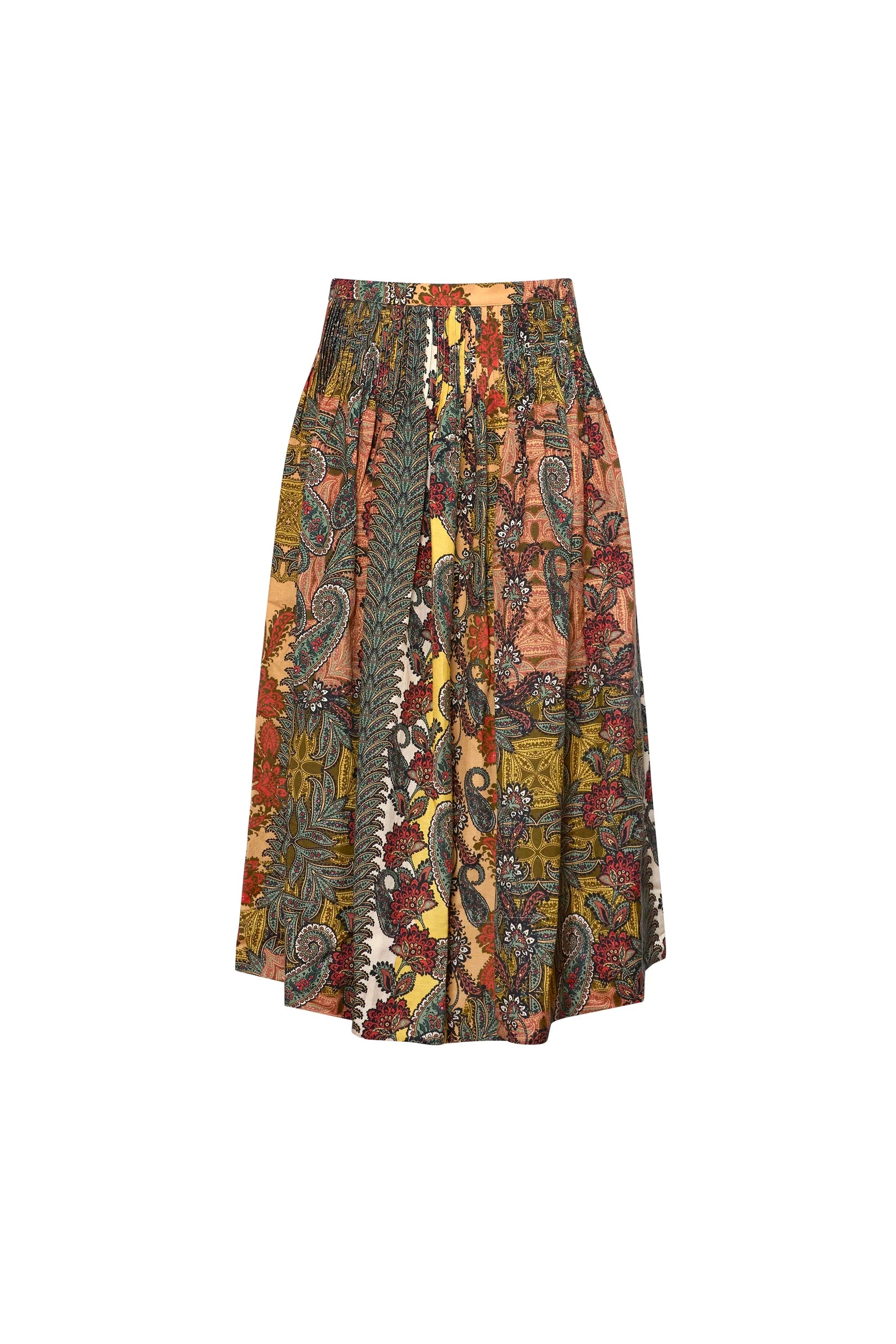 Midi skirt with white floral and paisley patchwork, Hunter Bell NYC Fallon Skirt, Highland Tapestry pattern.