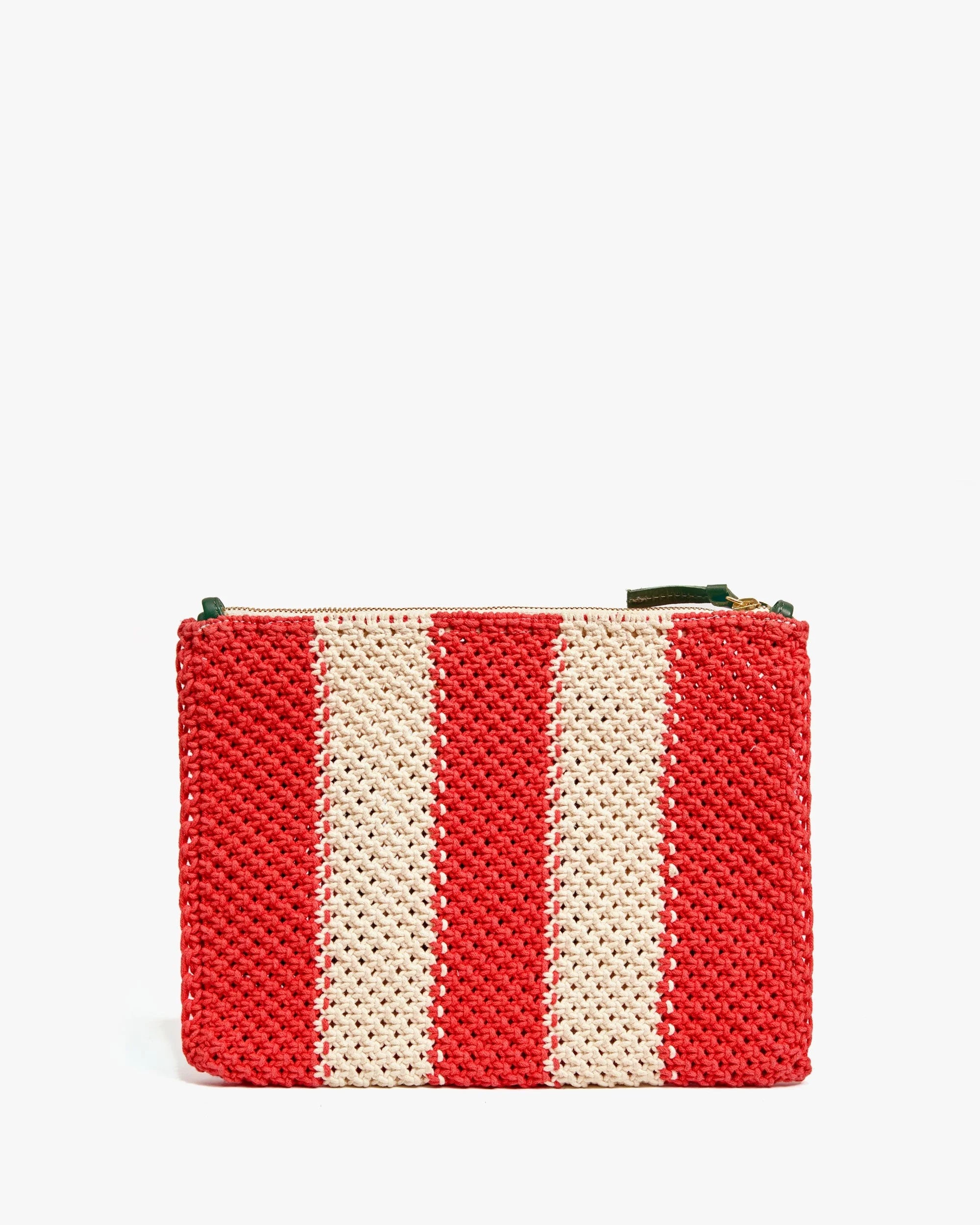 The Clare Vivier Flat Clutch W/ Tabs S25 is a rectangular woven bag with vertical red and cream stripes and a top zipper closure.