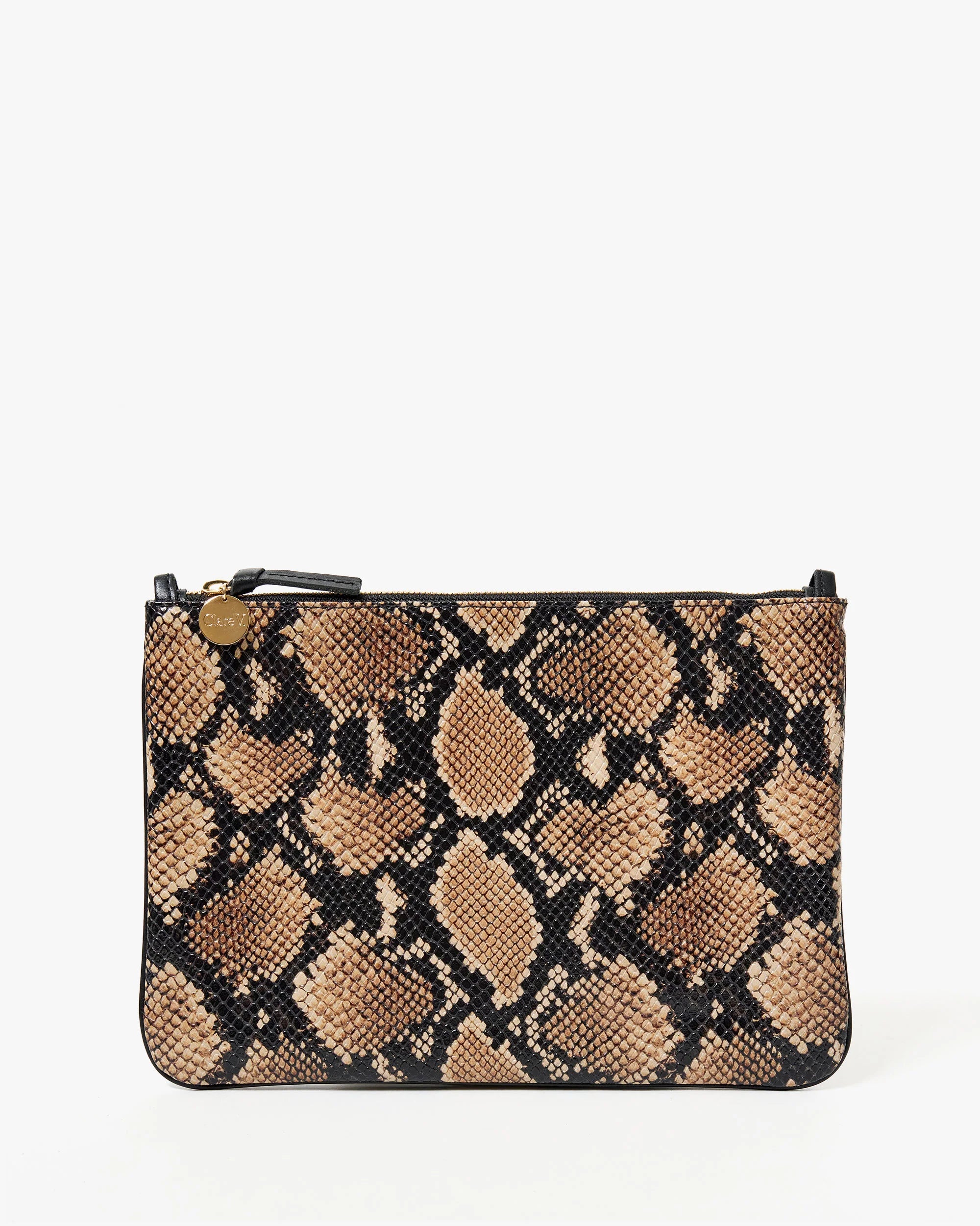 The Clare Vivier Flat Clutch with Tabs 26 features a brown and black snakeskin pattern, gold zipper, and a small round gold tag on the pull, shown against a plain white background.