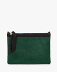 Bottle green handwoven leather clutch with black trim, zipper, and ribbon pull by Clare Vivier at Bungalow Furniture.