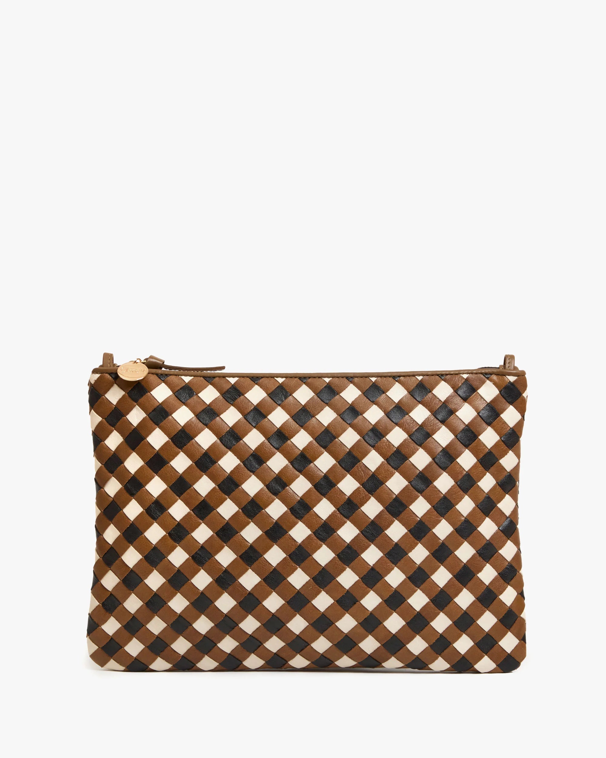 The Clare Vivier Flat Clutch with Tabs 26 features a zip closure, handwoven leather checkerboard pattern in brown, black, and cream, a leather pull tab, and a small round gold charm on the zipper.