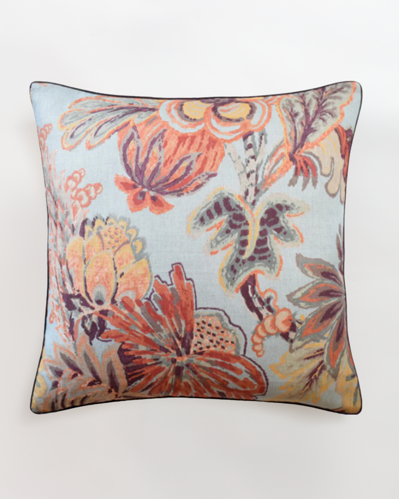 The Ryan Studio Floral Gala Blue Cinnamon Pillow features a square linen cover with red, orange, and purple floral patterns on a light blue background and offers watercolor-like design alongside plush feather/down filling for style and comfort.