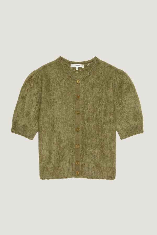 Olive green cropped cashmere cardi with short sleeves and pointelle stitching, by FRAME.