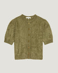 Olive green cropped cashmere cardi with short sleeves and pointelle stitching, by FRAME.