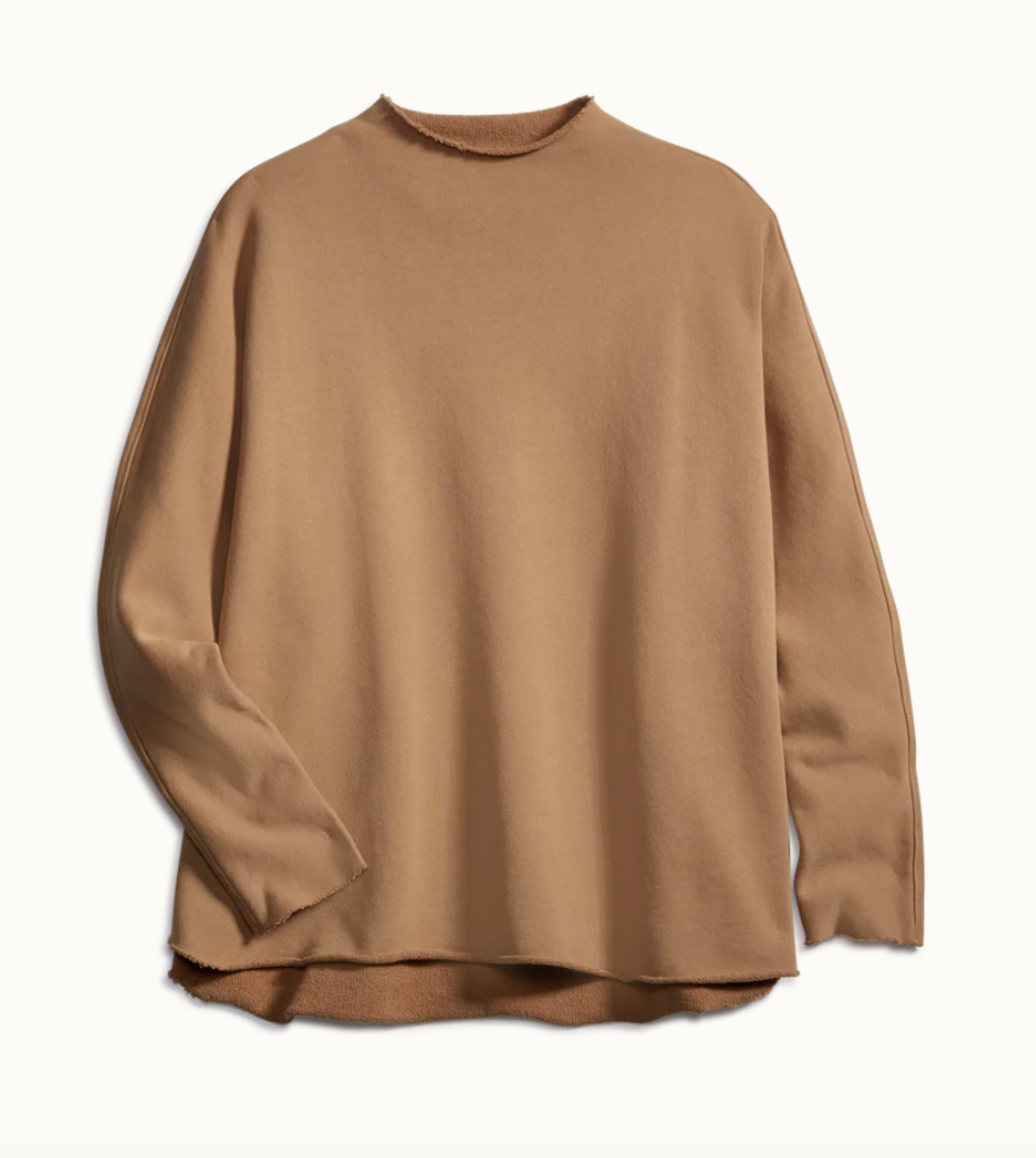 The EFFIE L/S Capelet by Frank & Eileen is a camel-colored, long-sleeve sweater in triple fleece, featuring a relaxed fit and crew neckline. Perfect for winter warmth, it’s shown laid flat on a white background.