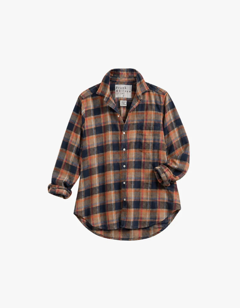 Relaxed-fit navy and orange plaid cotton shirt with rolled sleeves by Frank &amp; Eileen, casual California style.