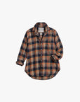 Relaxed-fit navy and orange plaid cotton shirt with rolled sleeves by Frank & Eileen, casual California style.