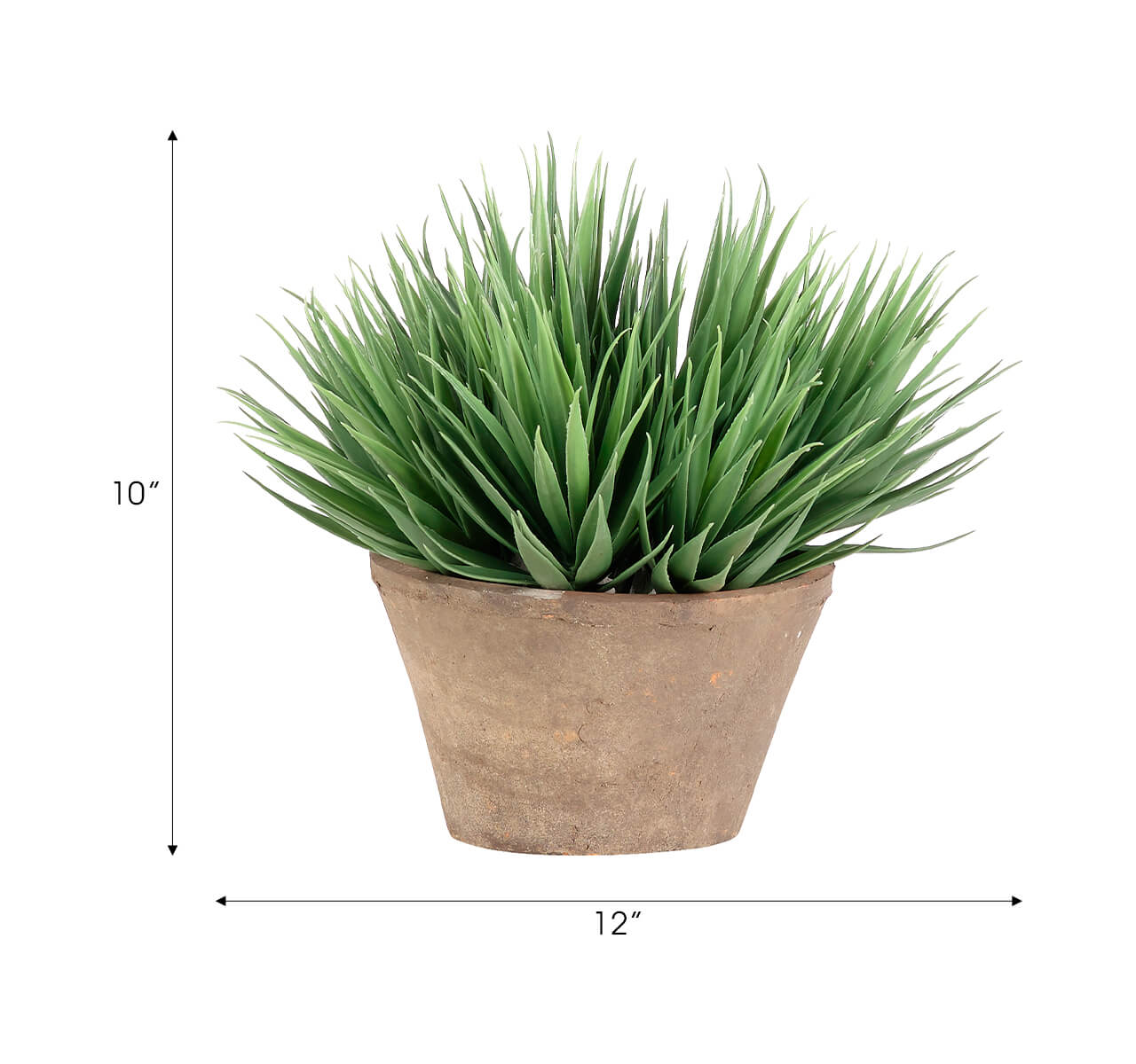 The Yucca Terracotta Pot by Natural Decorations Inc. features a potted green plant with spiky leaves in a rustic terracotta pot, UV-protected for outdoor use. It measures 10" tall and 12" wide, with black arrows indicating height and width.