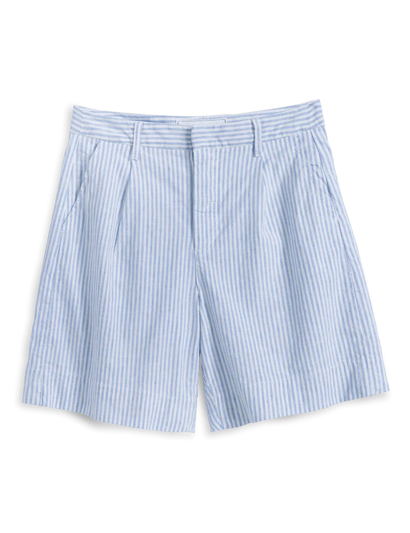 The Frank &amp; Eileen Waterford Short features light blue and white vertical stripes, belt loops, side pockets, and a relaxed wide-leg fit, crafted from soft Italian Performance Linen and shown laid flat on a white background.