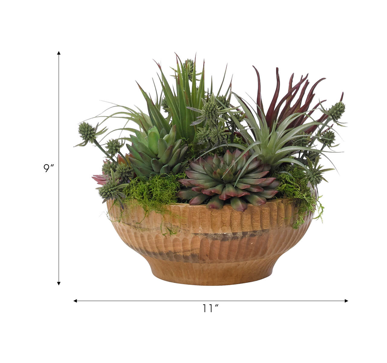 The Succulent Wood Bowl by Natural Decorations Inc. features an 11" wide, 9" tall round ribbed wood bowl filled with maintenance-free green and purple artificial succulents and moss, with simple arrows showing its height and width.