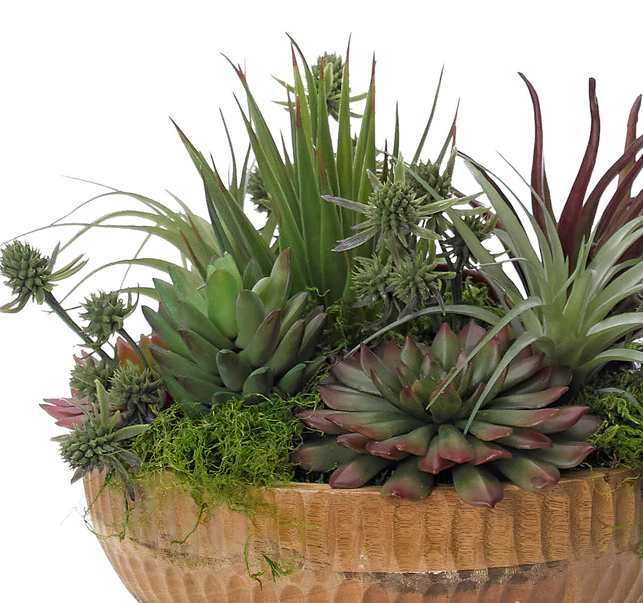 The Succulent Wood Bowl by Natural Decorations Inc. features assorted green and purple succulents with green moss in a round wood bowl, creating a charming, maintenance-free display.
