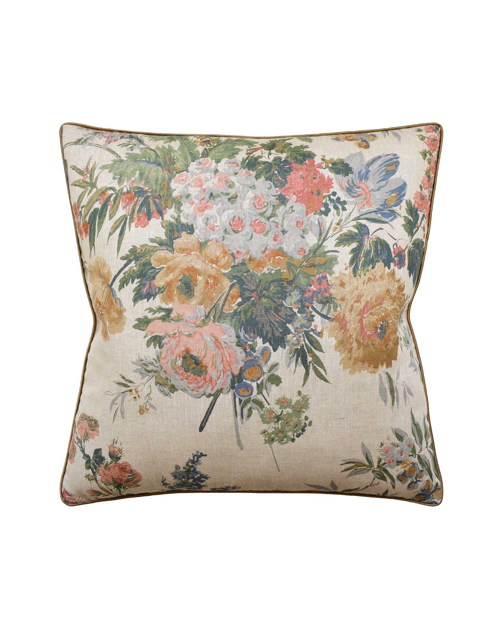 The Garden Club Apricots Pillow 22x22 by Ryan Studio features a vintage-style floral print in soft pink, white, yellow, and green on beige linen and is finished with a convenient hidden zipper.