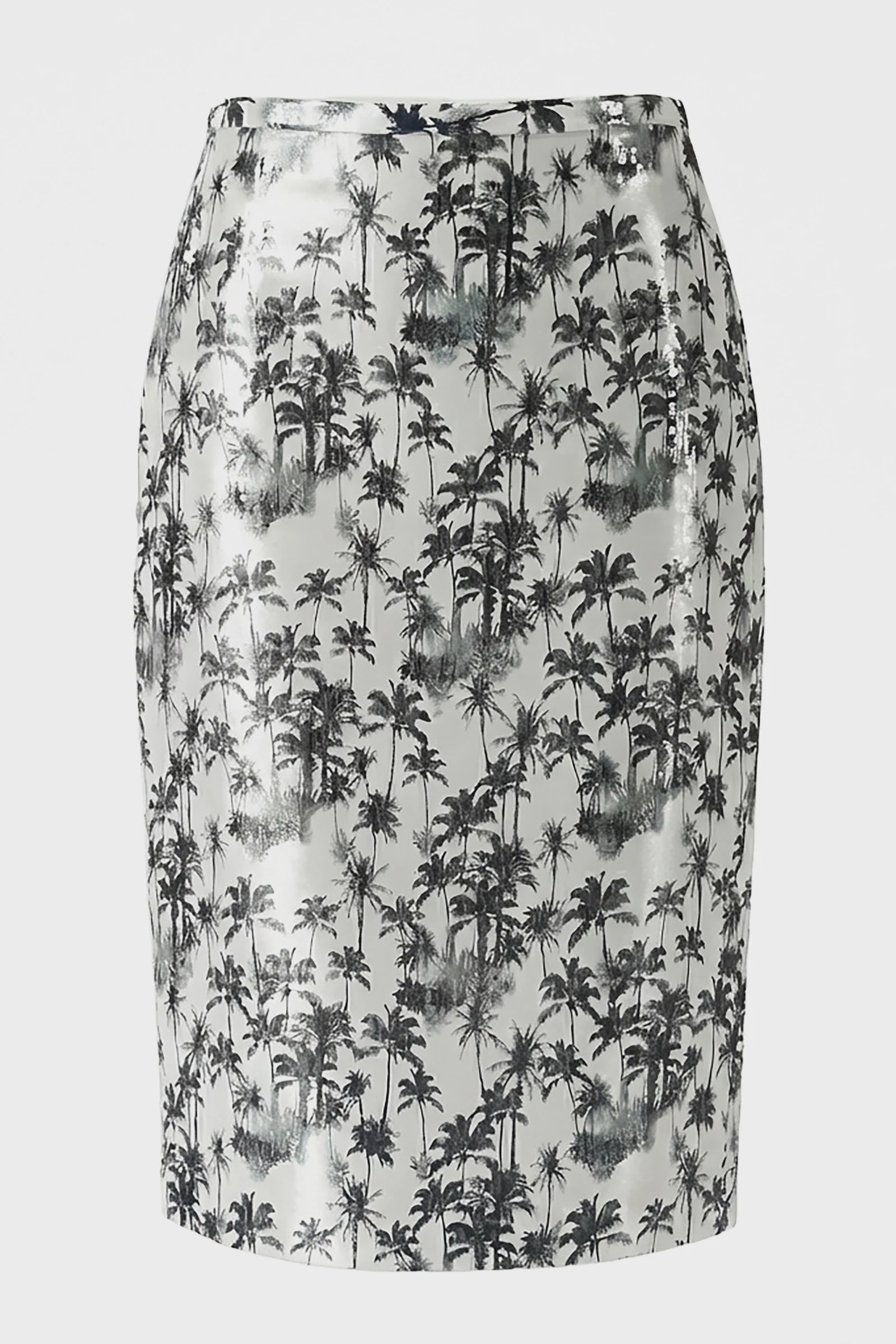 The Black Palms Pencil Skirt by Le Superbe is a high-waisted, knee-length piece in metallic silver with an all-over black palm tree print.