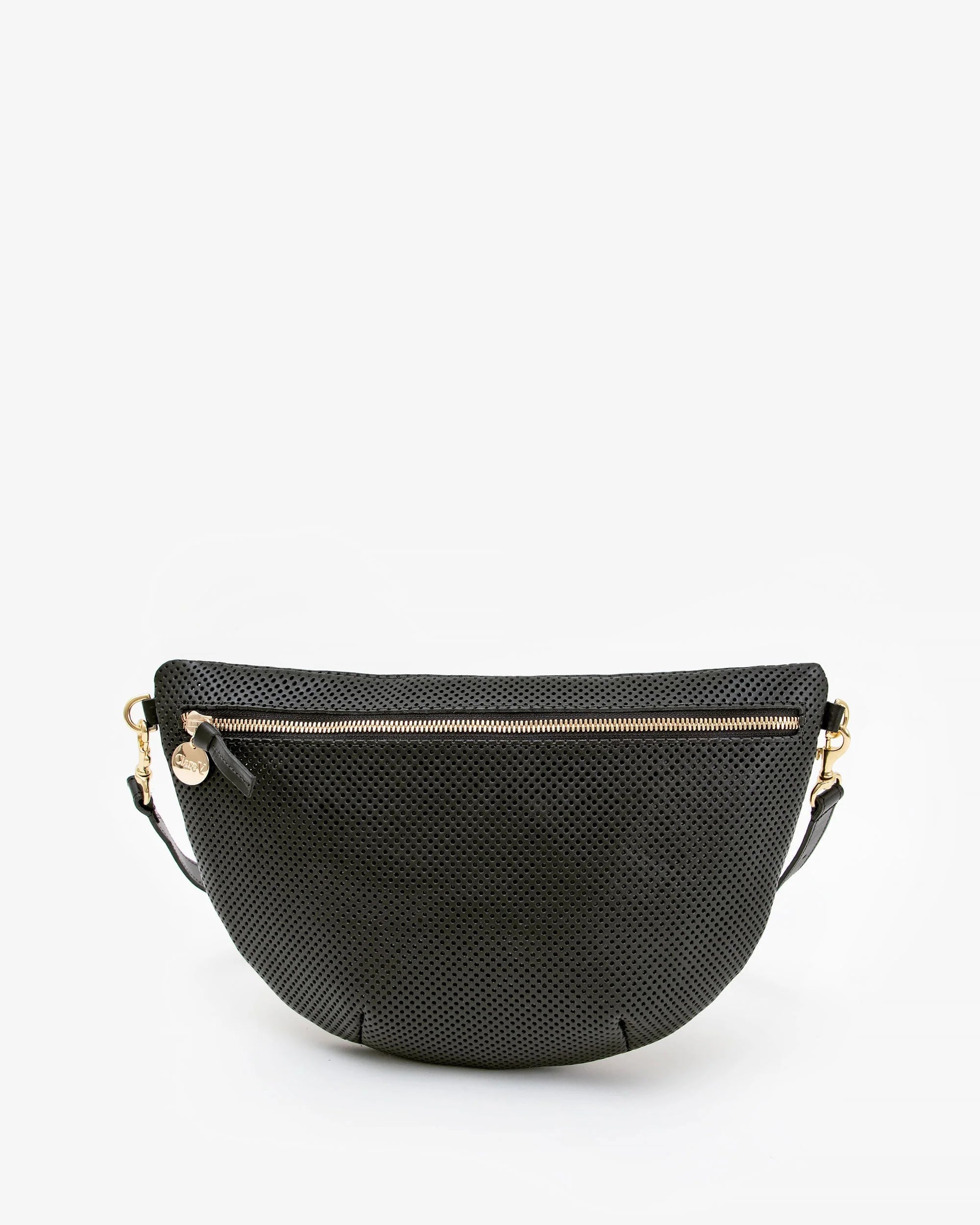 The Clare Vivier Grande Fanny S25 is a black, half-moon crossbody with textured handwoven leather, gold zipper and hardware, and a small tag on the zipper pull, showcased against a plain white background.