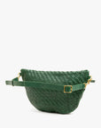 The Grande Fanny Zig-Zag by Clare Vivier, a woven crossbody bag in green, features an adjustable strap adorned with a gold buckle that gleams beautifully. The bag's textured design is eye-catching against a plain white background.