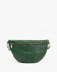 A sleek green crossbody bag from Clare Vivier, the Grande Fanny Zig-Zag boasts a zippered top and luxurious gold hardware. This structured shoulder bag features a single zipper pull adorned with a small, gold circular charm, elegantly set against a plain white background.