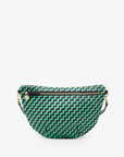 The Grande Fanny Zig-Zag by Clare Vivier is displayed against a plain white background. This green and black woven-patterned crossbody bag features a front zipper with a gold pull and an adjustable strap, effortlessly combining style and functionality.